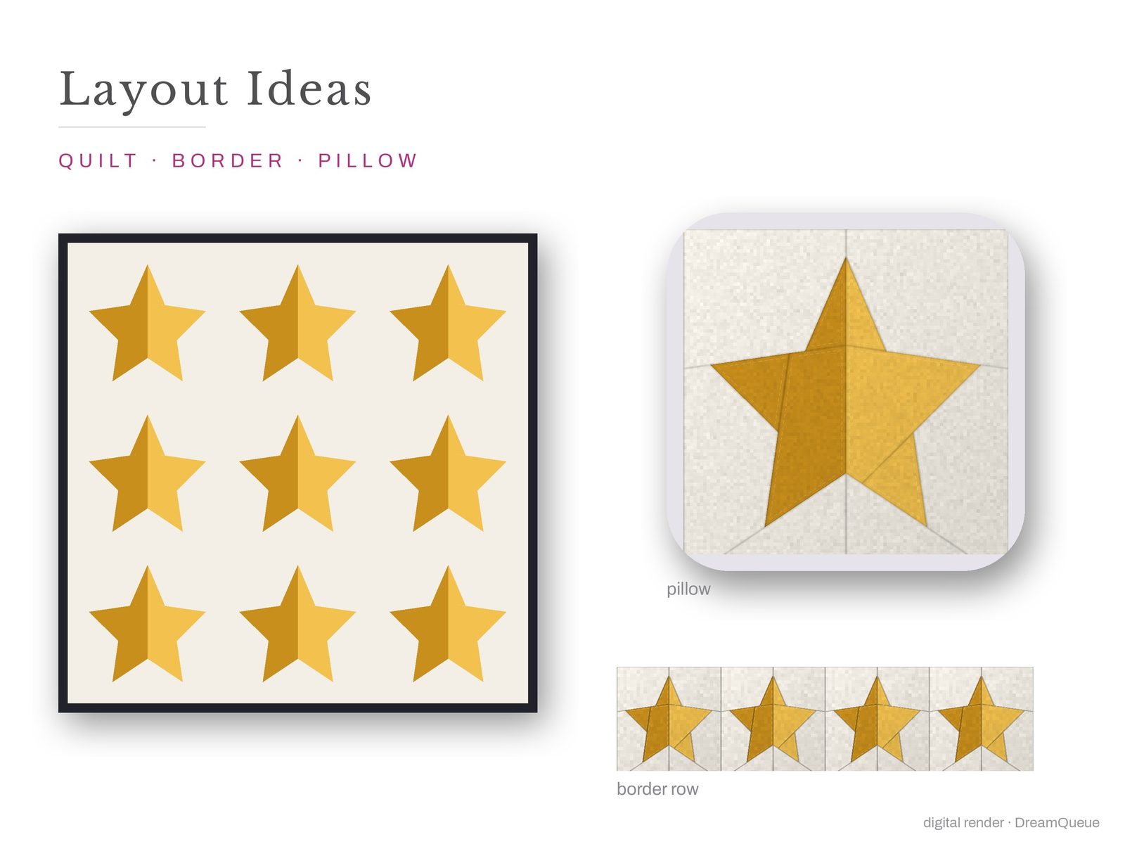 Layout ideas for the Christmas Star quilt block: a full quilt, a border row and a pillow