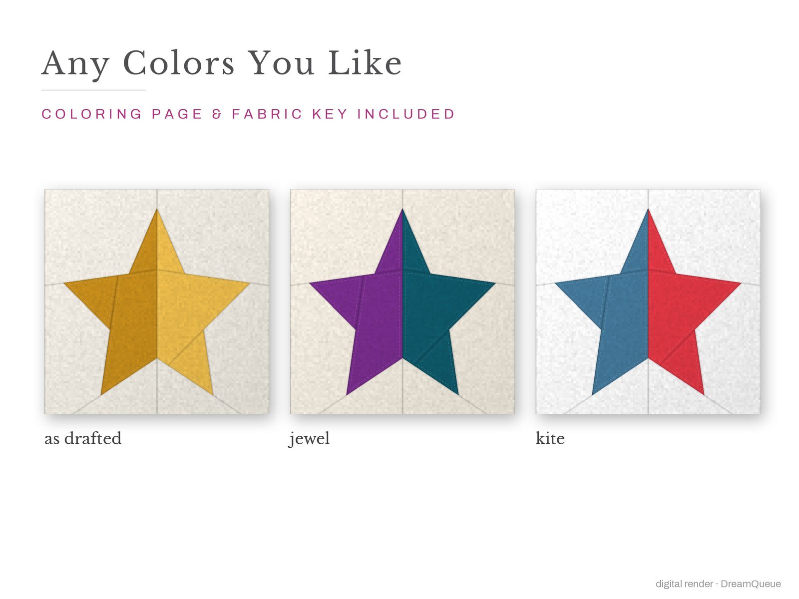 The Christmas Star quilt block in three colorways, as drafted, pastel and jewel tones; a coloring page and fabric key are included