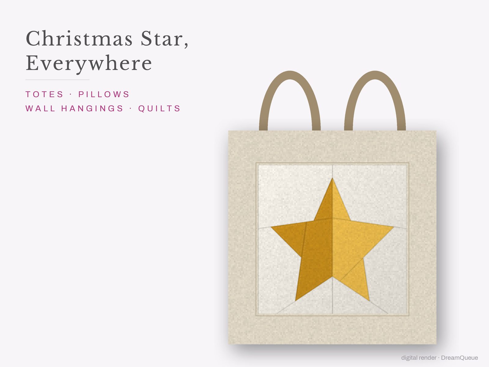 The Christmas Star quilt block sewn into a tote bag, one idea for totes, pillows, wall hangings and quilts