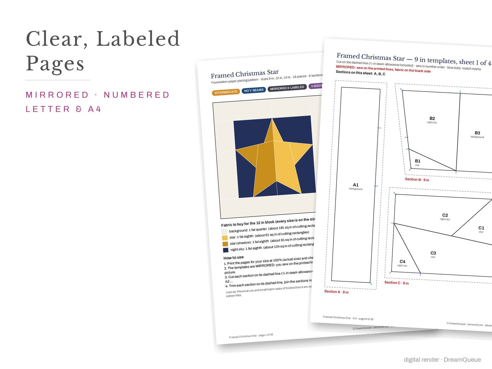 Cover page and a mirrored, numbered template sheet from the Framed Christmas Star quilt block FPP pattern