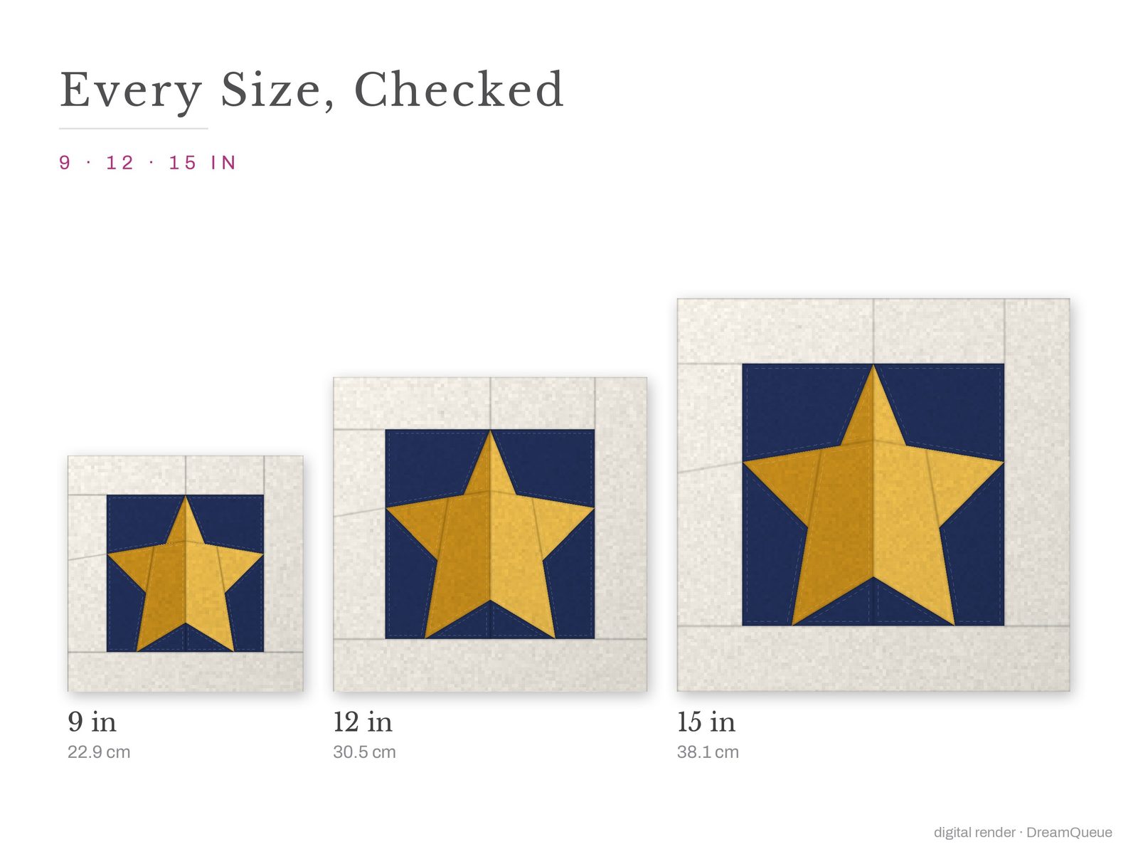 The Framed Christmas Star quilt block at every finished size: 9, 12 and 15 inch