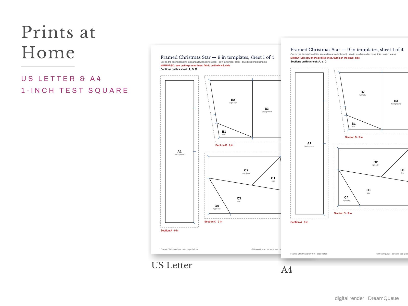 Framed christmas star quilt block templates printed on US Letter and A4 paper with a 1-inch test square to check the print scale