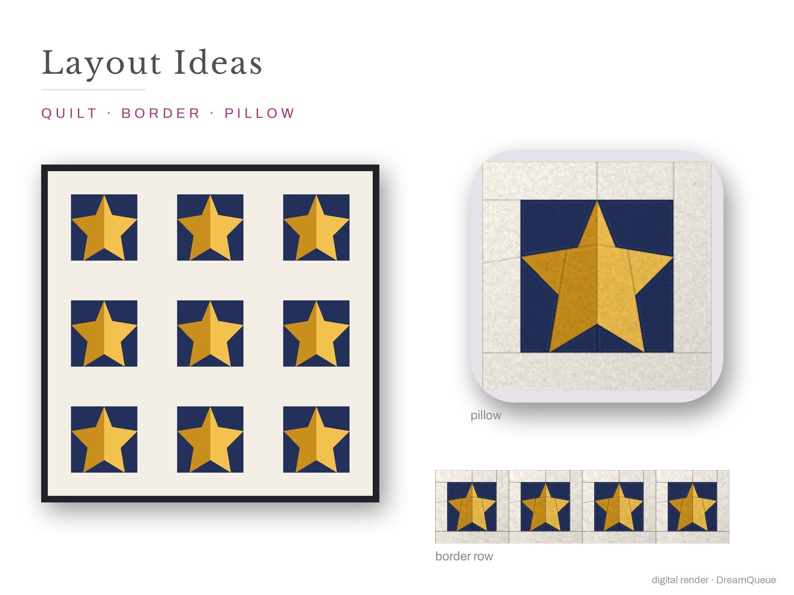 Layout ideas for the Framed Christmas Star quilt block: a full quilt, a border row and a pillow