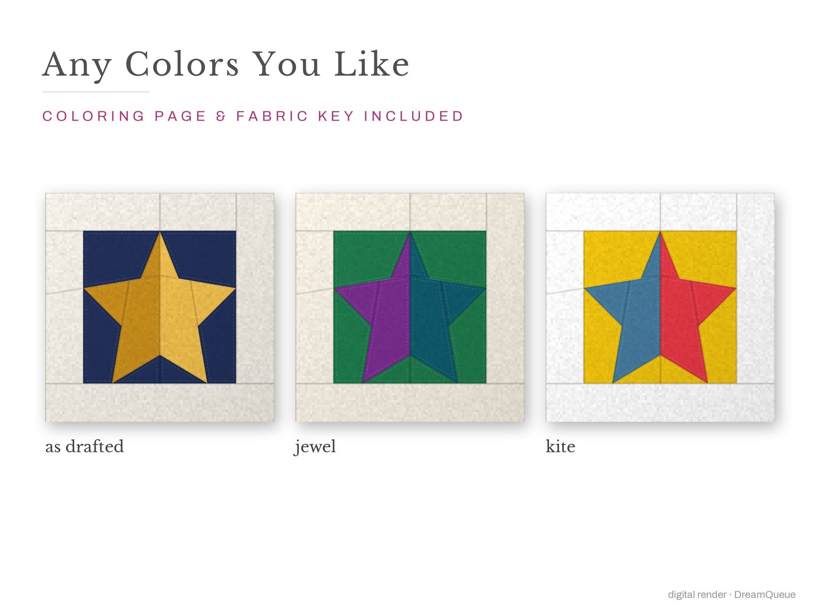 The Framed Christmas Star quilt block in three colorways, as drafted, pastel and jewel tones; a coloring page and fabric key are included