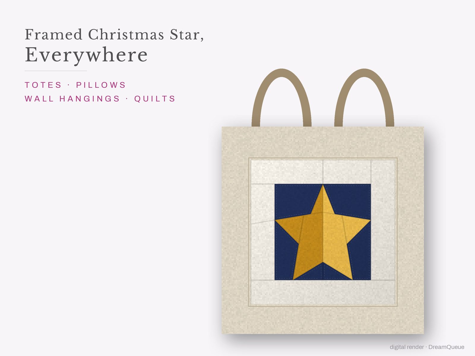 The Framed Christmas Star quilt block sewn into a tote bag, one idea for totes, pillows, wall hangings and quilts