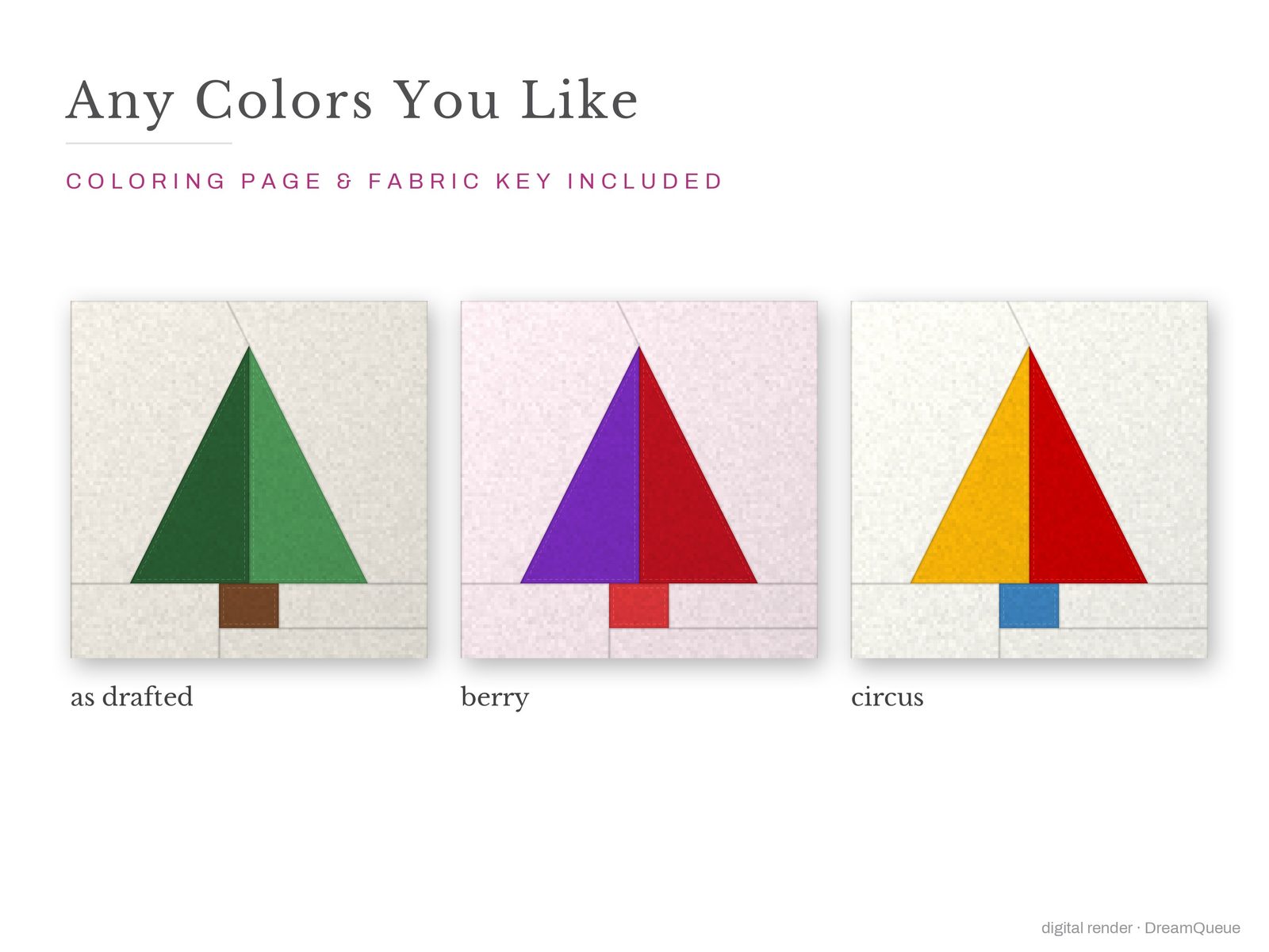 The Christmas Tree quilt block in three colorways, as drafted, pastel and jewel tones; a coloring page and fabric key are included