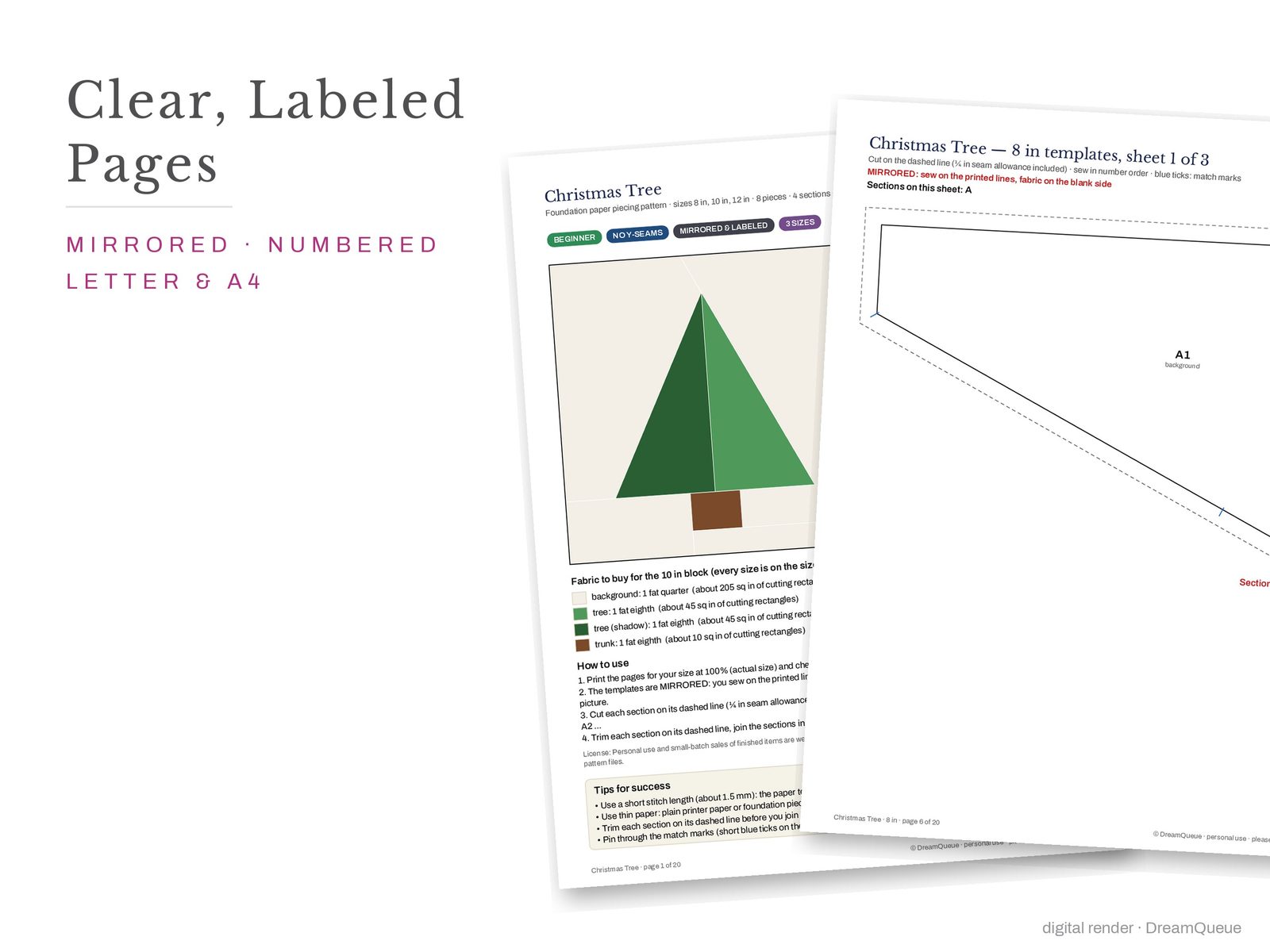 Cover page and a mirrored, numbered template sheet from the Christmas Tree quilt block FPP pattern