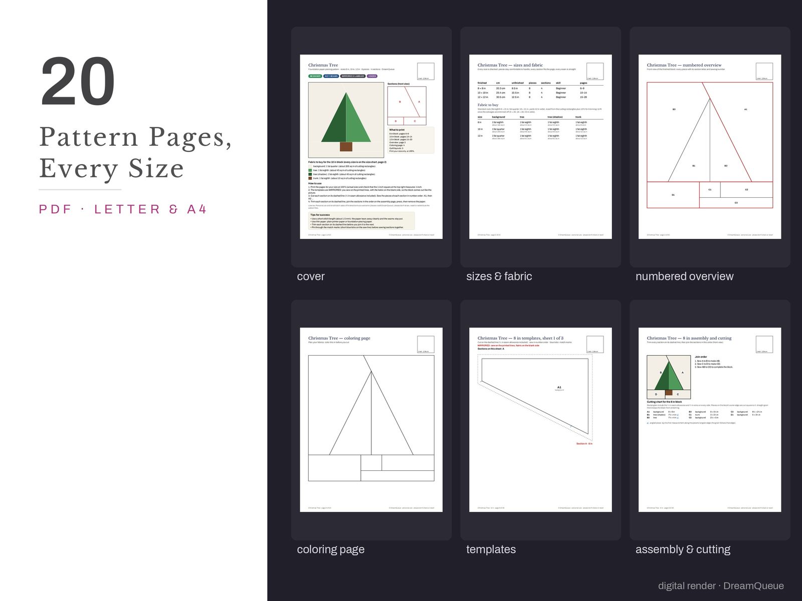 Thumbnails of the Christmas Tree quilt block pattern pages: cover, size and fabric chart, numbered overview, coloring page, templates, assembly and cutting chart