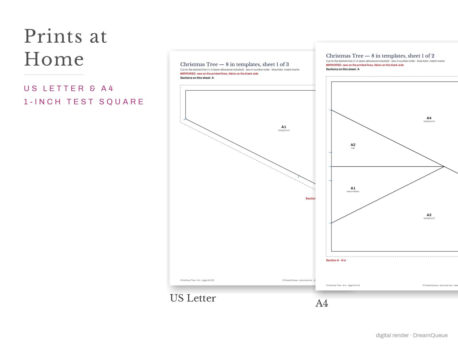 Christmas tree quilt block templates printed on US Letter and A4 paper with a 1-inch test square to check the print scale