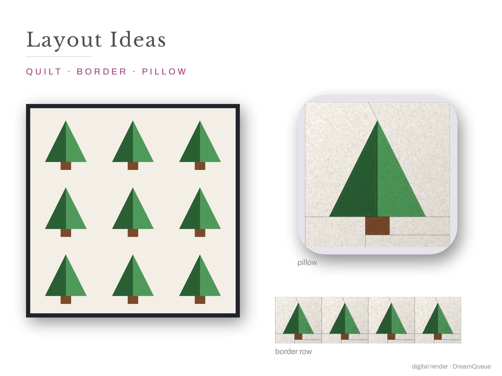 Layout ideas for the Christmas Tree quilt block: a full quilt, a border row and a pillow