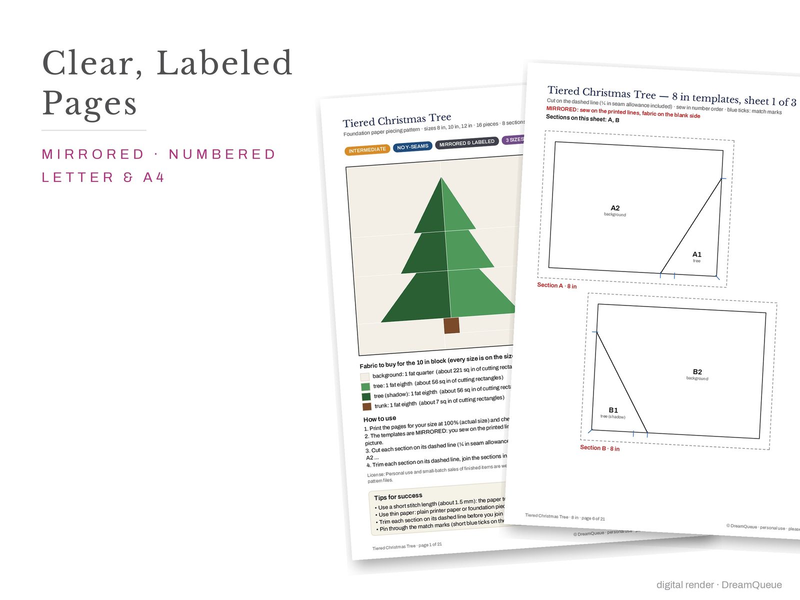 Cover page and a mirrored, numbered template sheet from the Tiered Christmas Tree quilt block FPP pattern