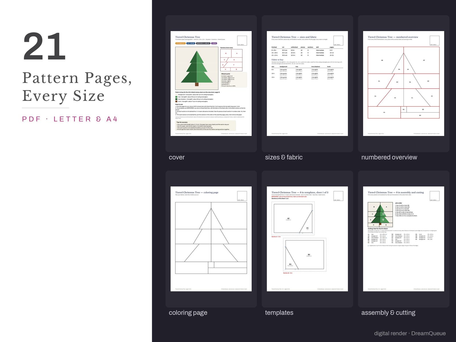 Thumbnails of the Tiered Christmas Tree quilt block pattern pages: cover, size and fabric chart, numbered overview, coloring page, templates, assembly and cutting chart