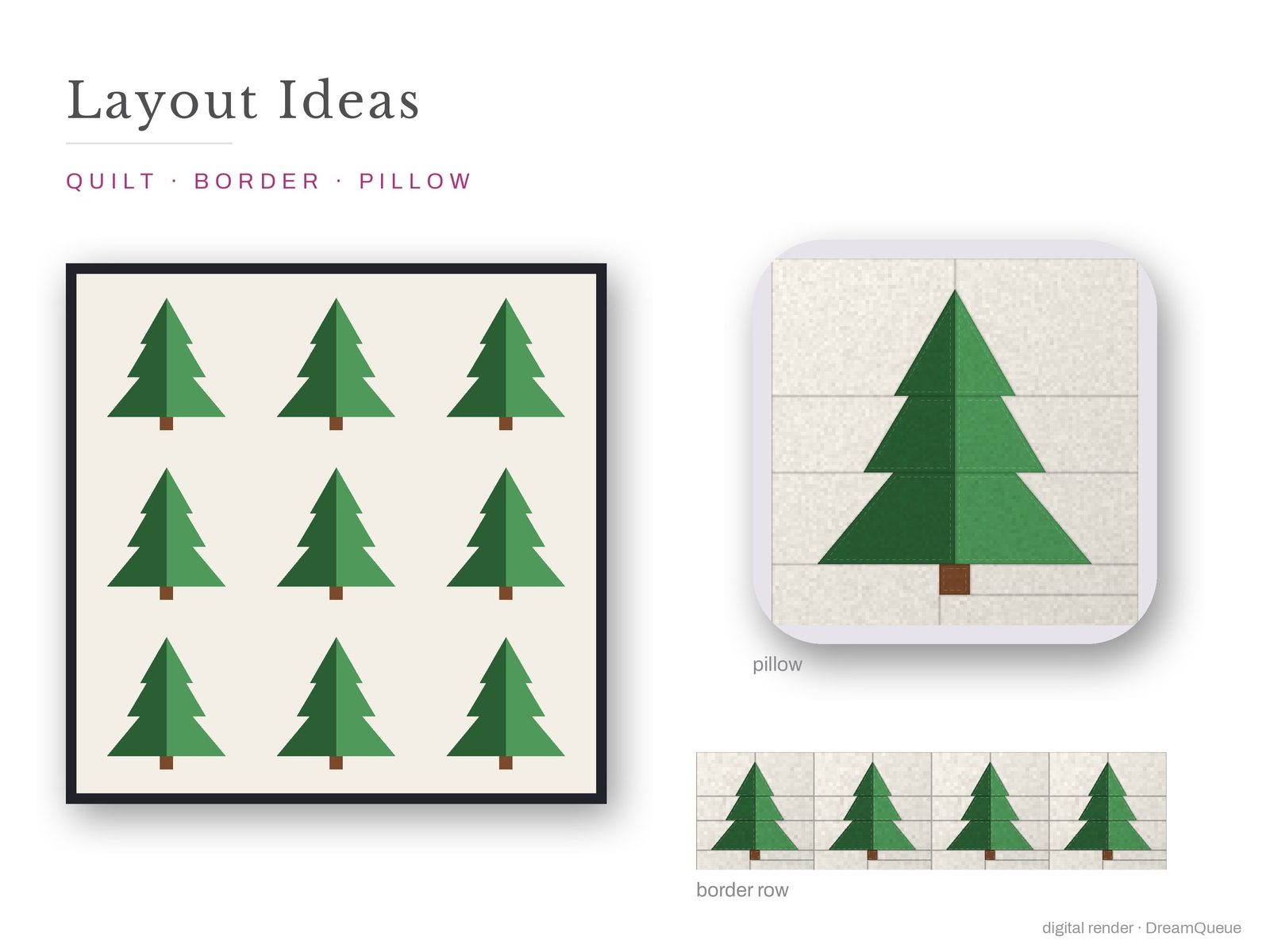 Layout ideas for the Tiered Christmas Tree quilt block: a full quilt, a border row and a pillow